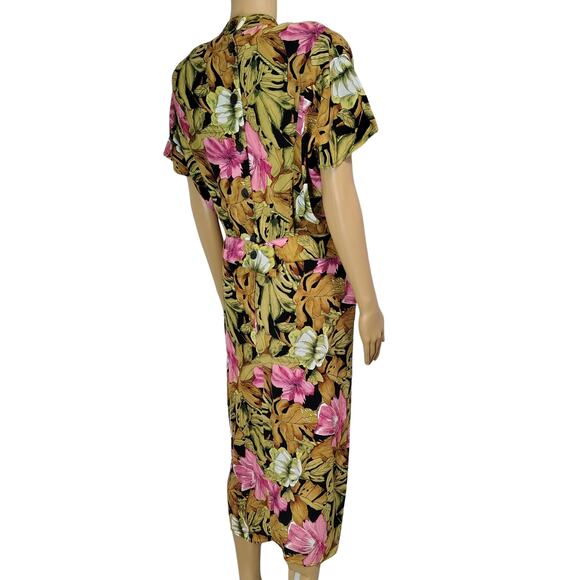 1980s April Rain Tropical Wiggle Dress Shoulder Pads Button Up Back Size Small - Picture 5 of 11